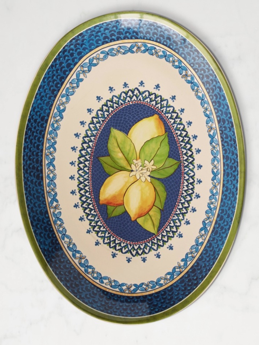William Sonoma Sicily Ceramic oval Platter XLarge lemon blue green